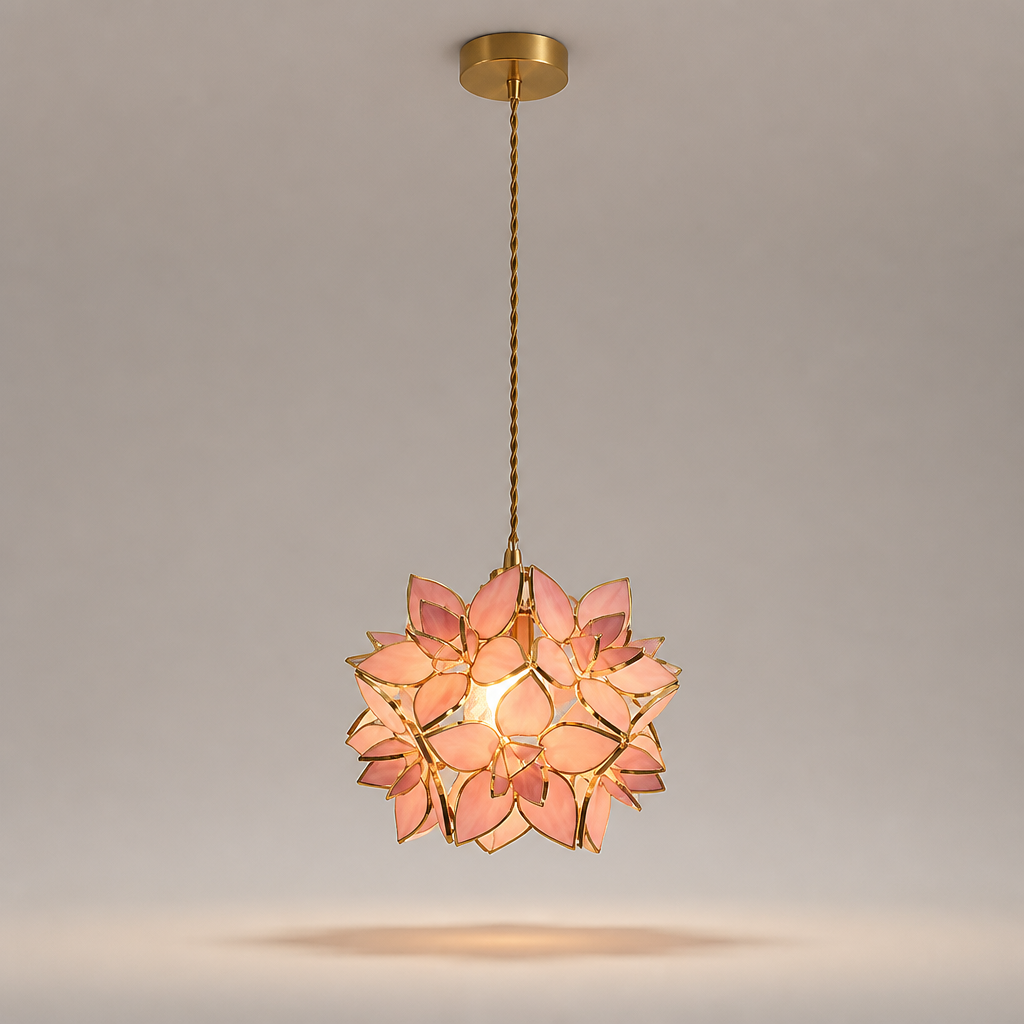Suspension Fleur Verre Cuivre Artisanale Rose — photo produit fond gris