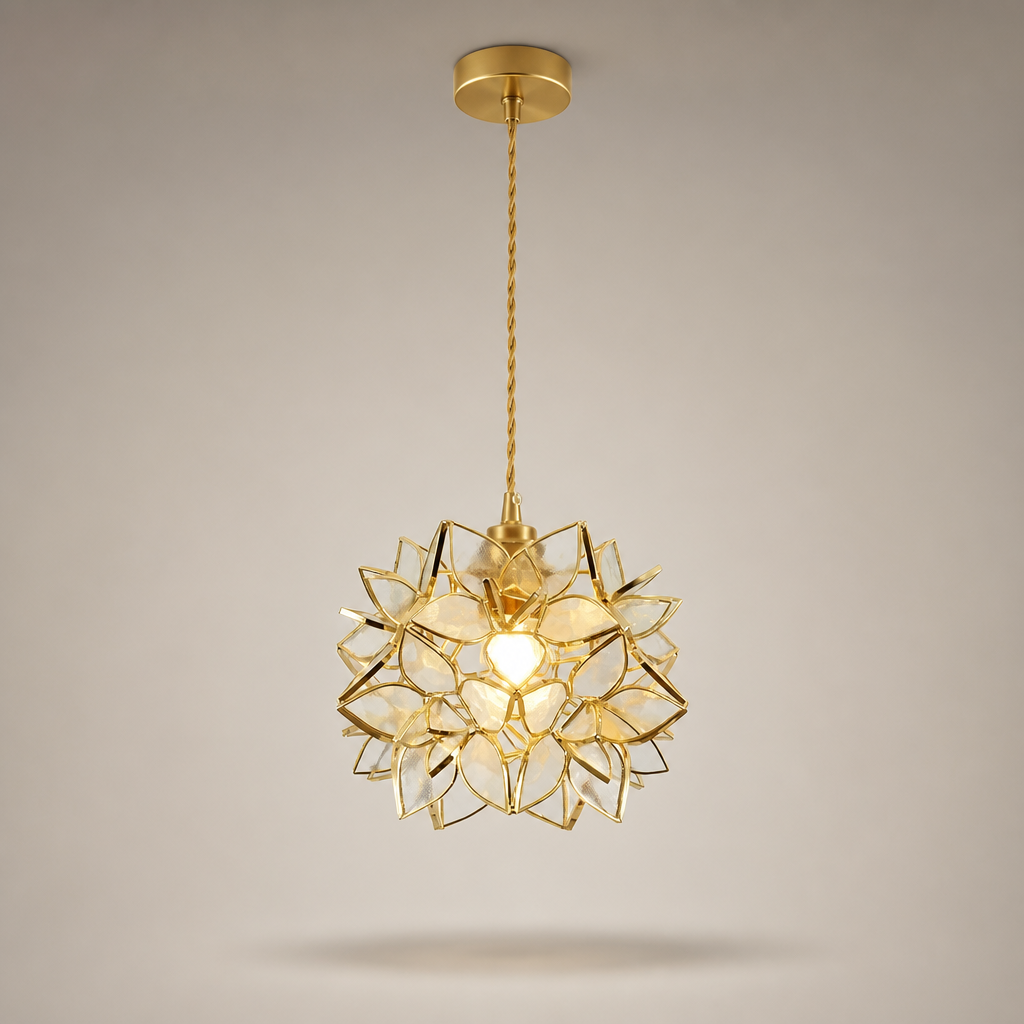 Suspension Fleur Verre Cuivre Artisanale Transparent — photo produit fond gris