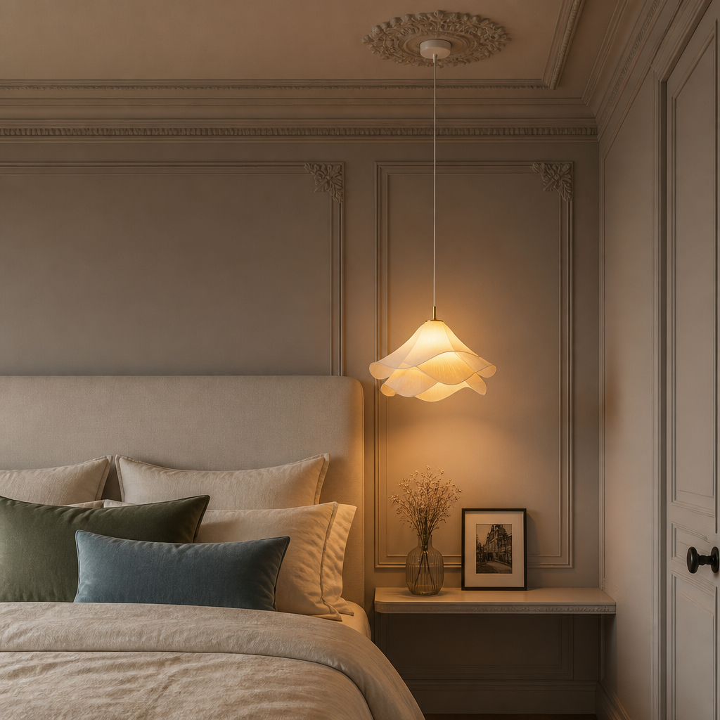Suspension Florale Tissu Plissé Blanc — mise en situation chambre
