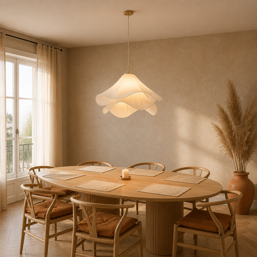 Suspension Florale Tissu Plissé Blanc — mise en situation salle à manger