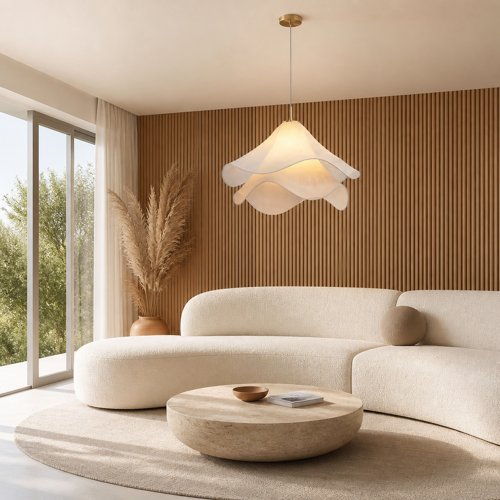 Suspension Florale Tissu Plissé Blanc — mise en situation salon lumière du jour
