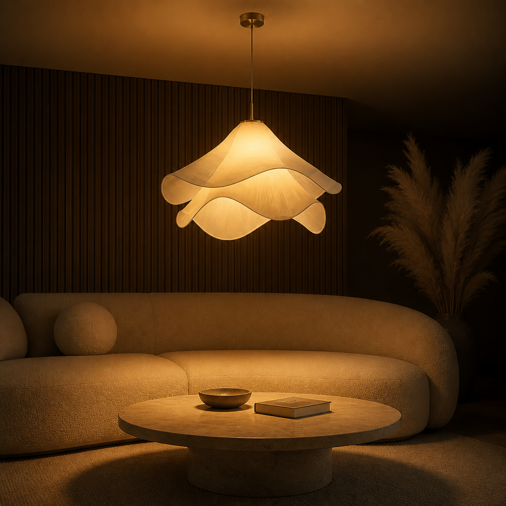 Suspension Florale Tissu Plissé Blanc — ambiance soir salon contemporain