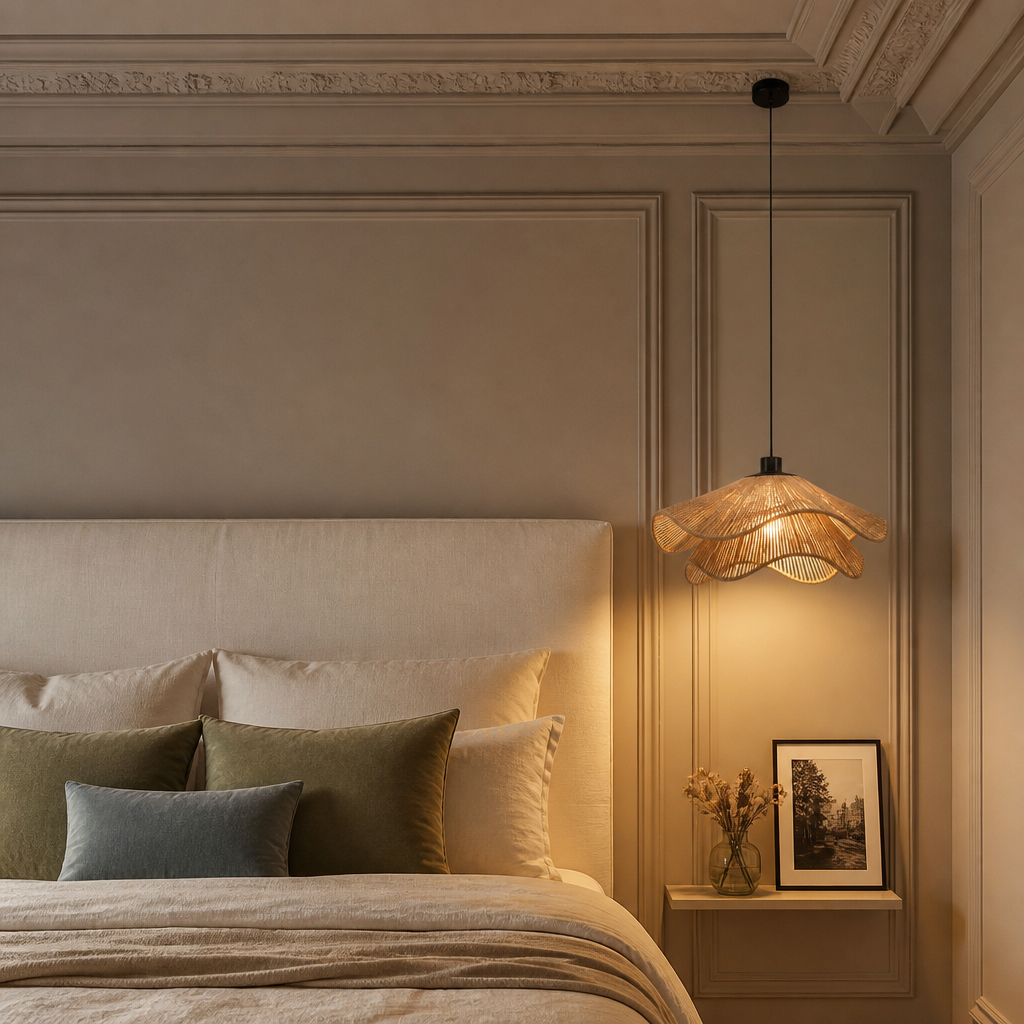 Suspension Florale Tissu Plissé Marron — mise en situation chambre