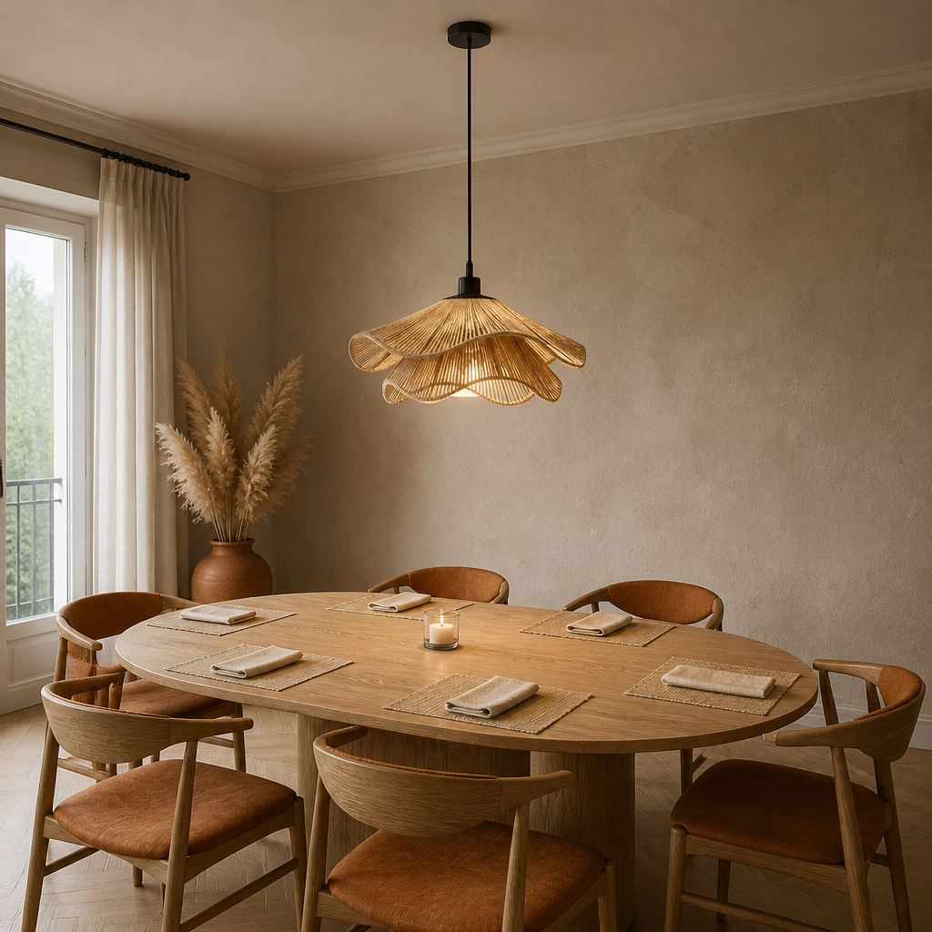 Suspension Florale Tissu Plissé Marron — mise en situation salle à manger
