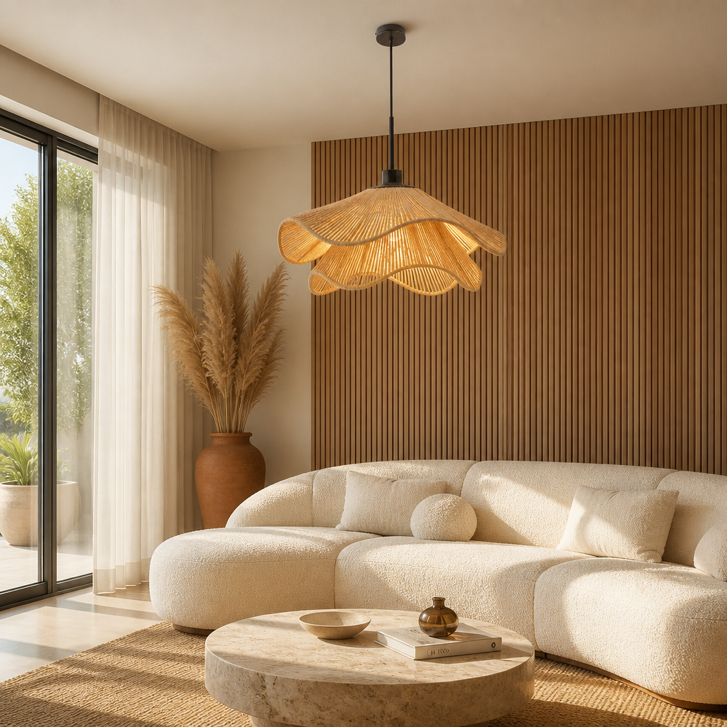 Suspension Florale Tissu Plissé Marron — mise en situation salon lumière du jour