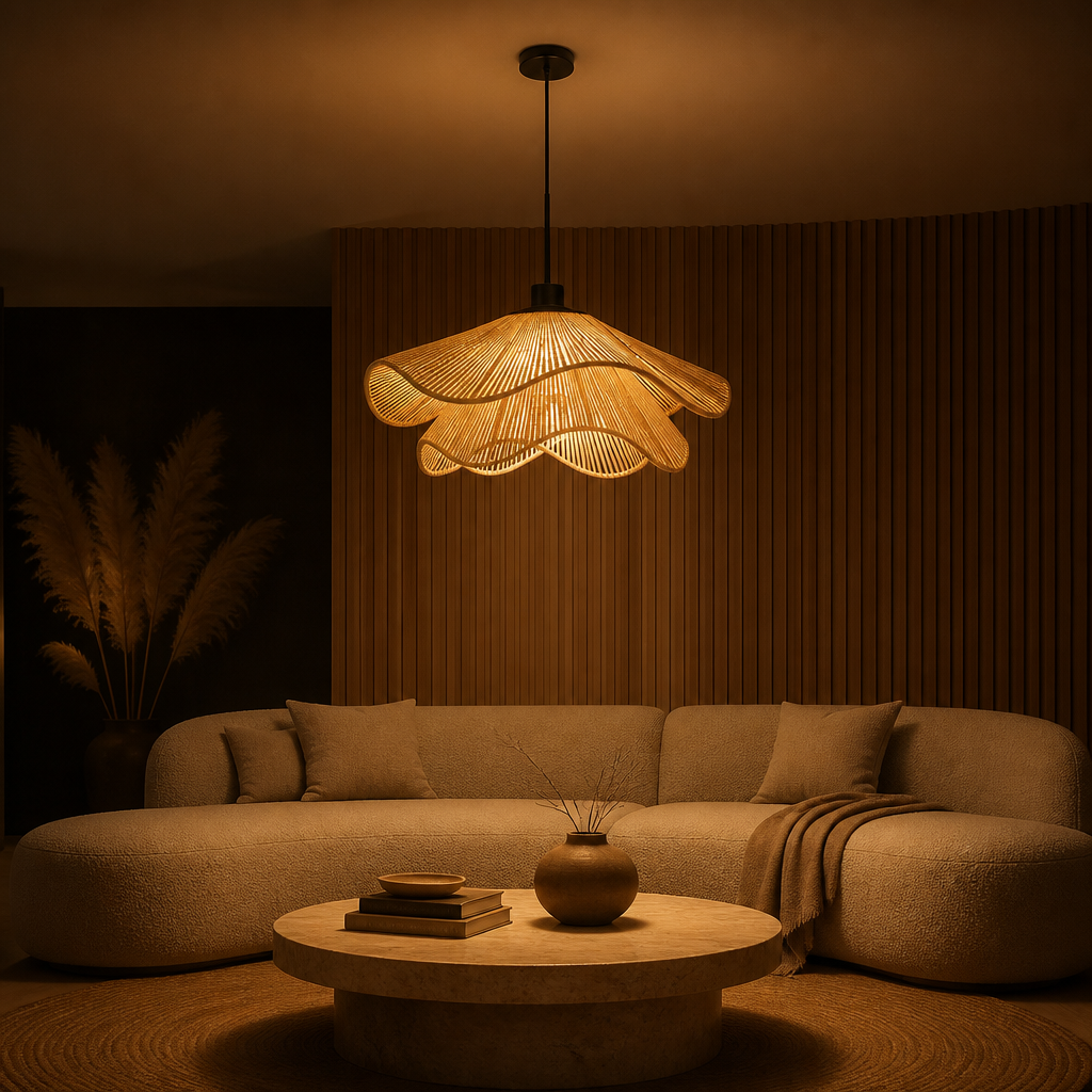 Suspension Florale Tissu Plissé Marron — ambiance soir salon contemporain
