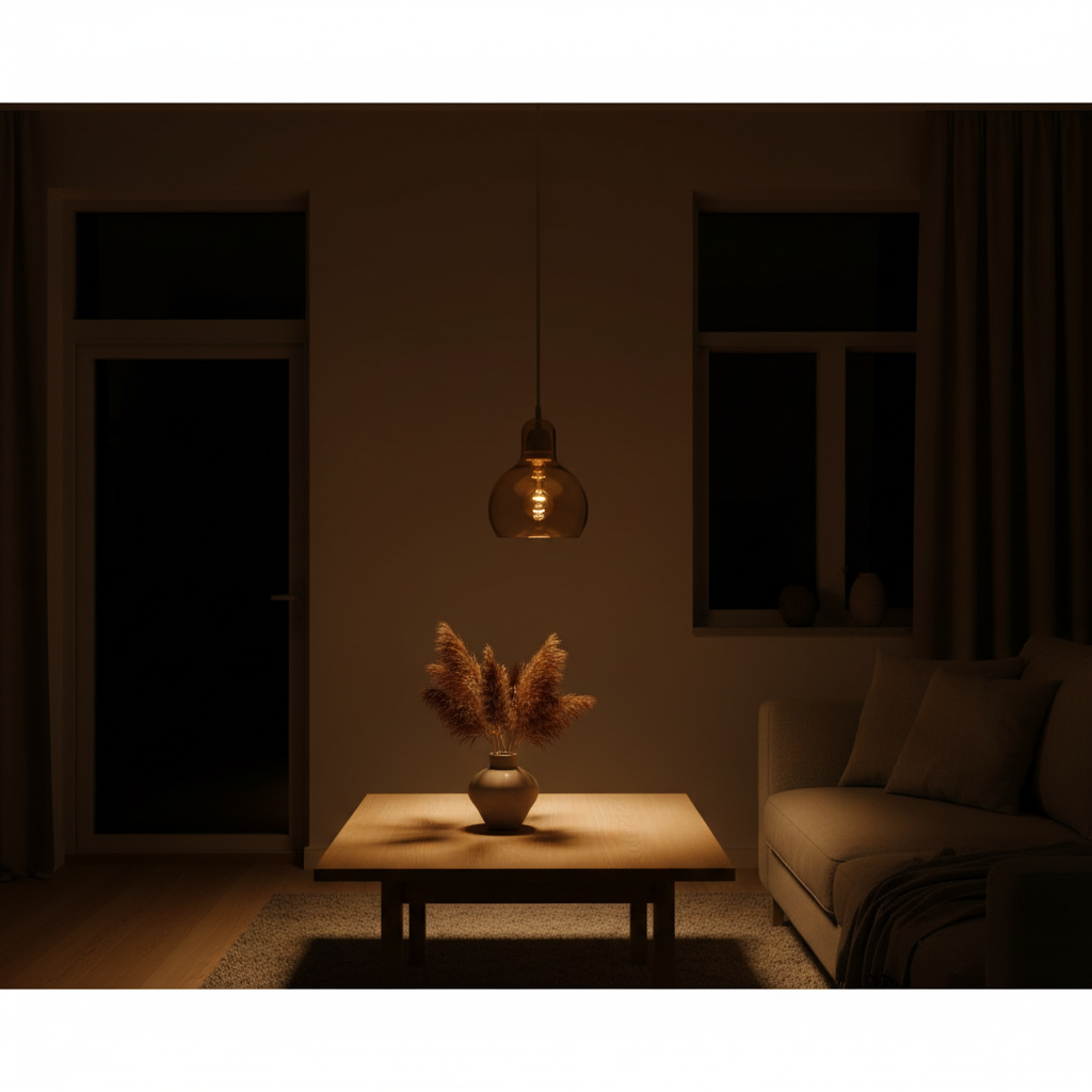 Suspension Globe Rétro Ambré — ambiance soir salon scandinave