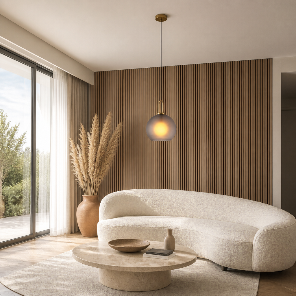Suspension Globe Verre Nordique 25cm Gris Fumé — mise en situation salon lumière du jour