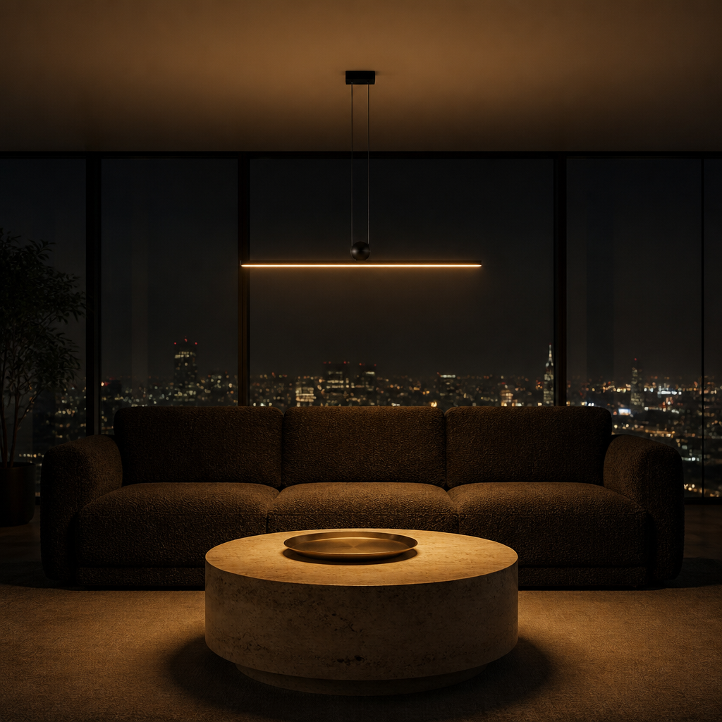 Suspension Îlot 100cm — ambiance soir penthouse contemporain