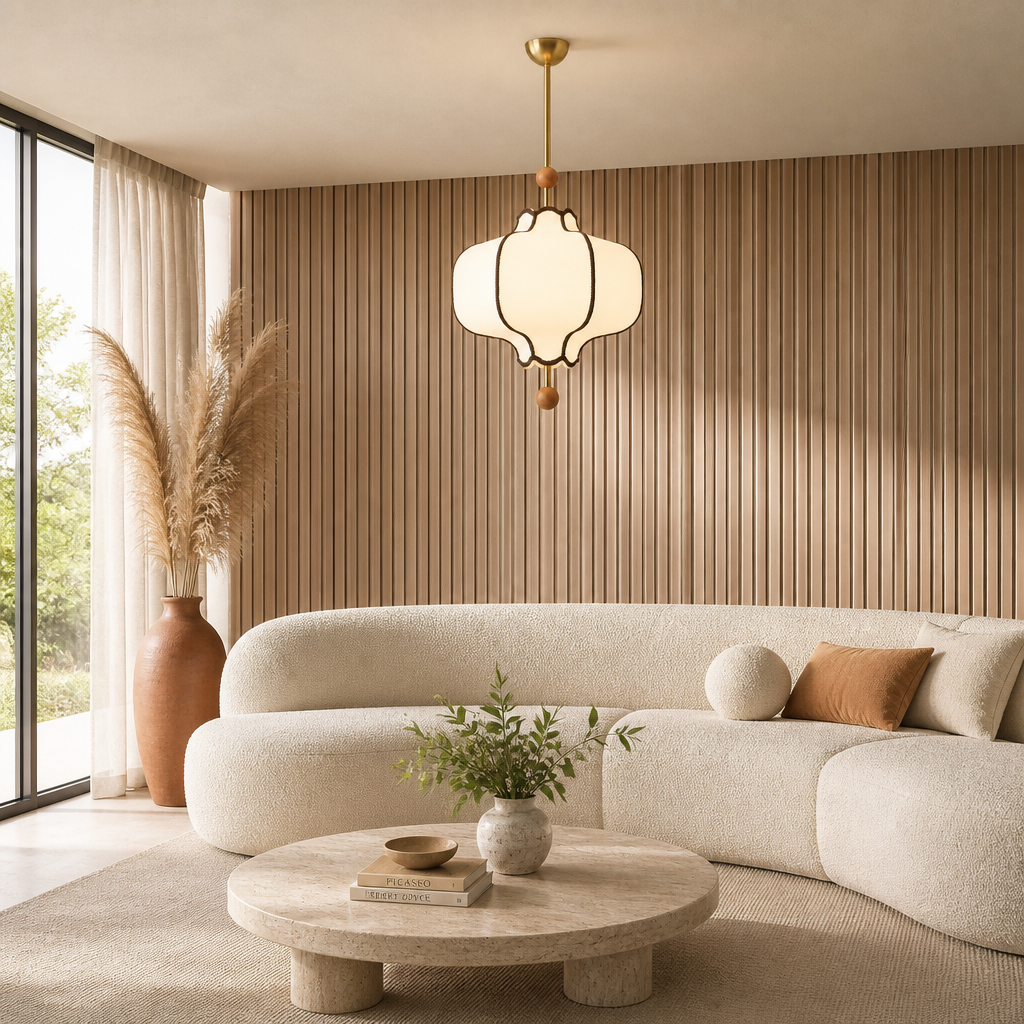 Suspension Lanterne Tissu Rétro — mise en situation salon lumière du jour