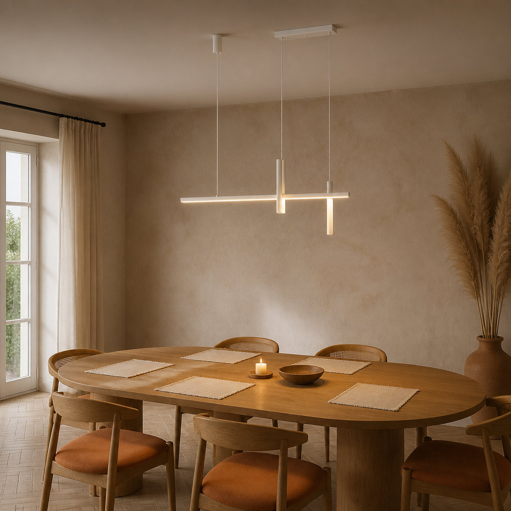 Suspension LED Linéaire Design Nordique Blanc 150cm — mise en situation salle à manger