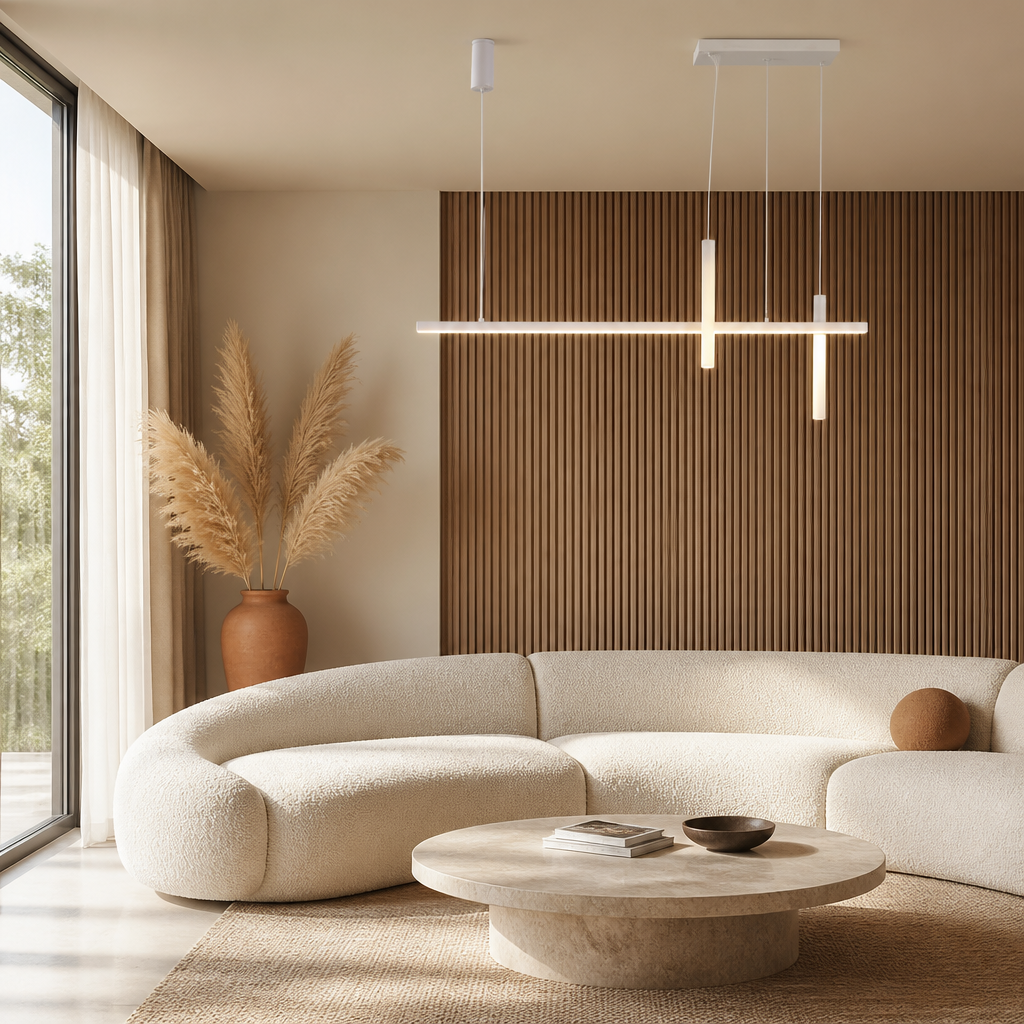 Suspension LED Linéaire Design Nordique Blanc 150cm — mise en situation salon lumière du jour