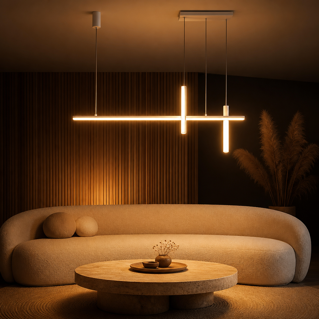 Suspension LED Linéaire Design Nordique Blanc 150cm — ambiance soir salon contemporain