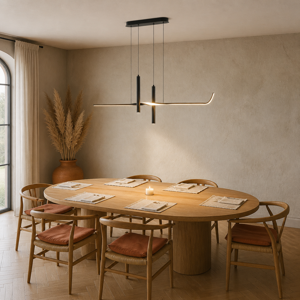 Suspension Linéaire LED 3 Spots Noir 100cm — mise en situation salle à manger