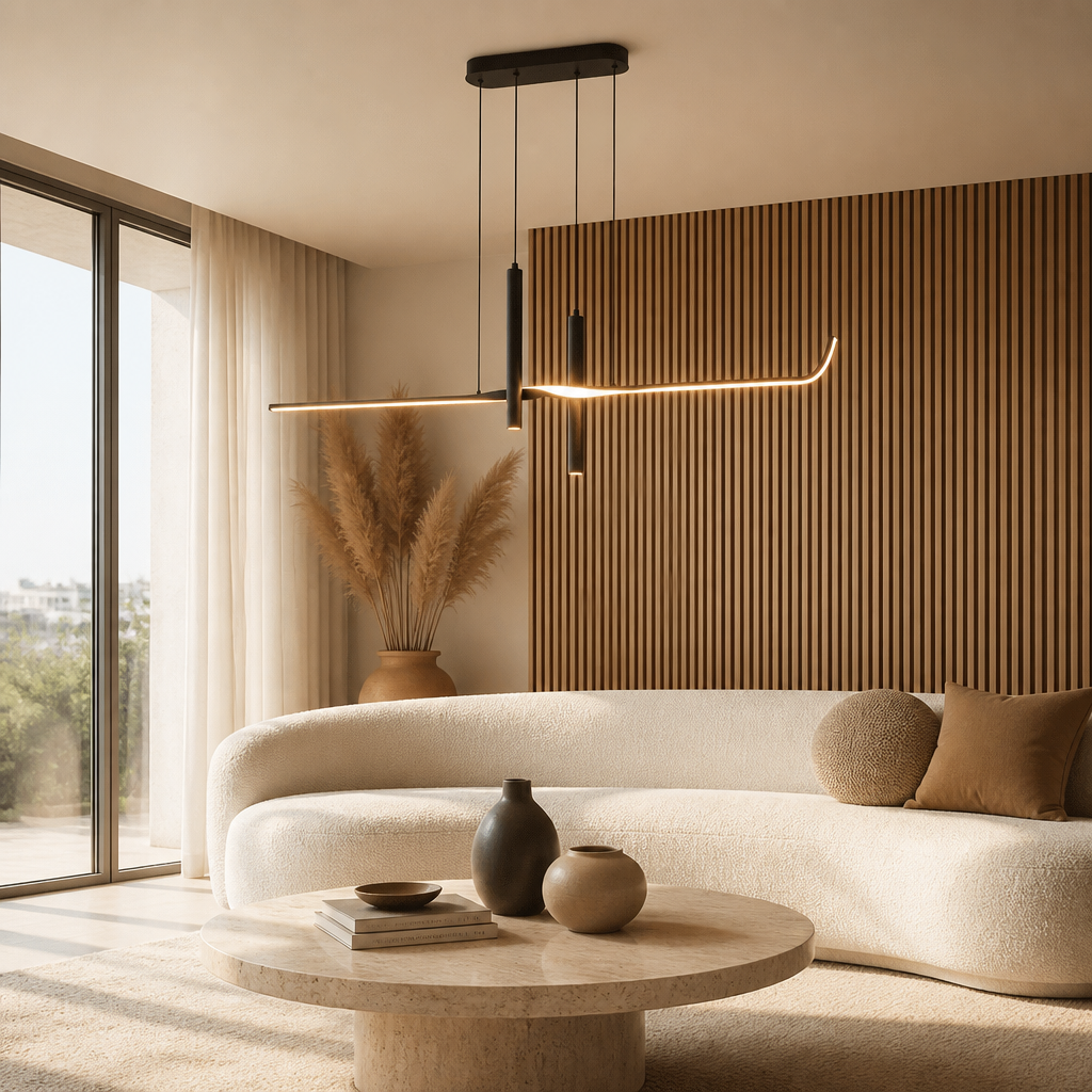 Suspension Linéaire LED 3 Spots Noir 100cm — mise en situation salon lumière du jour