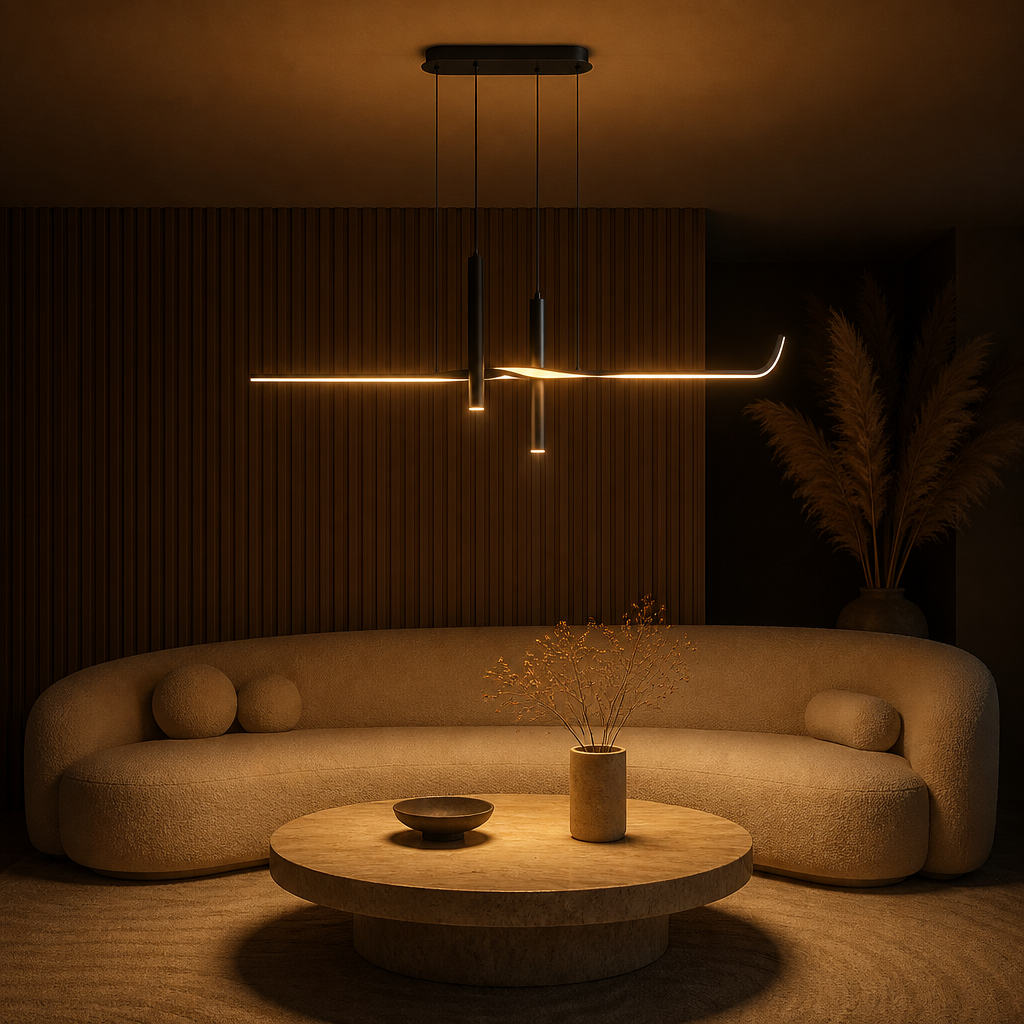 Suspension Linéaire LED 3 Spots Noir 100cm — ambiance soir salon contemporain