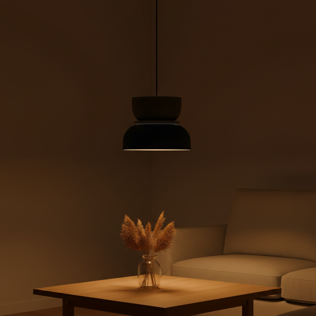 Suspension Macaron Bicolore Gris et Bleu Nuit M — ambiance soir salon scandinave