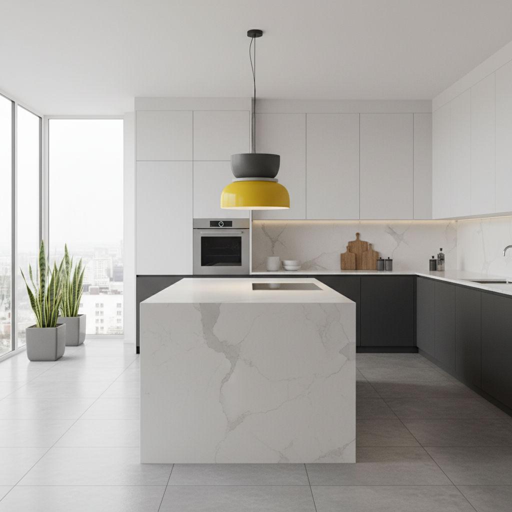 Suspension Macaron Bicolore Gris et Jaune M — mise en situation cuisine