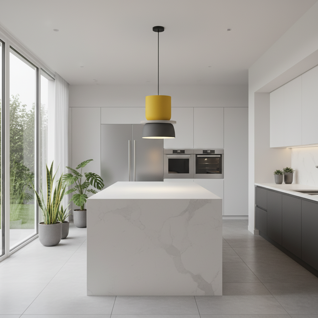Suspension Macaron Bicolore Jaune et Gris S — mise en situation cuisine
