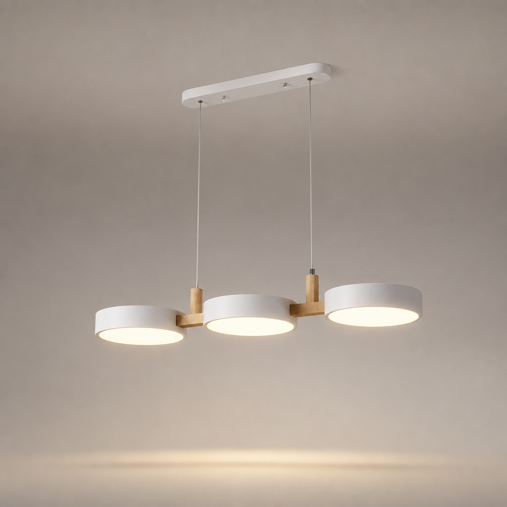 Suspension Macaron Métal Bois LED Blanc — photo produit fond gris