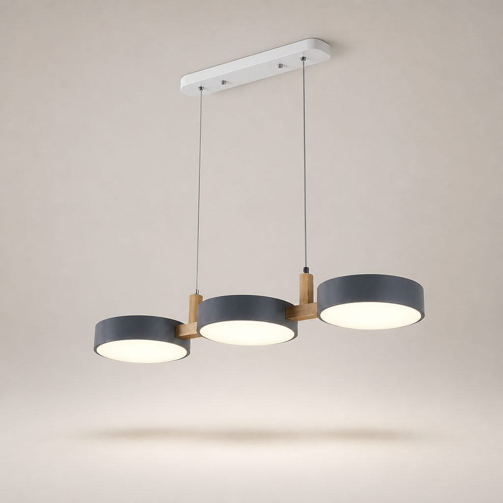 Suspension Macaron Métal Bois LED Gris — photo produit fond gris