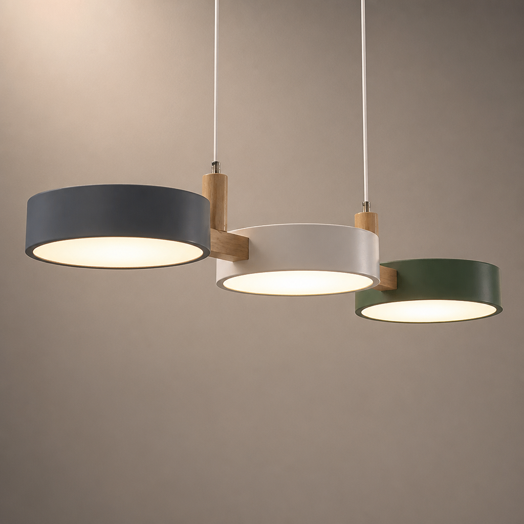 Suspension Macaron Métal Bois LED Tricolore — gros plan détail matière et finition