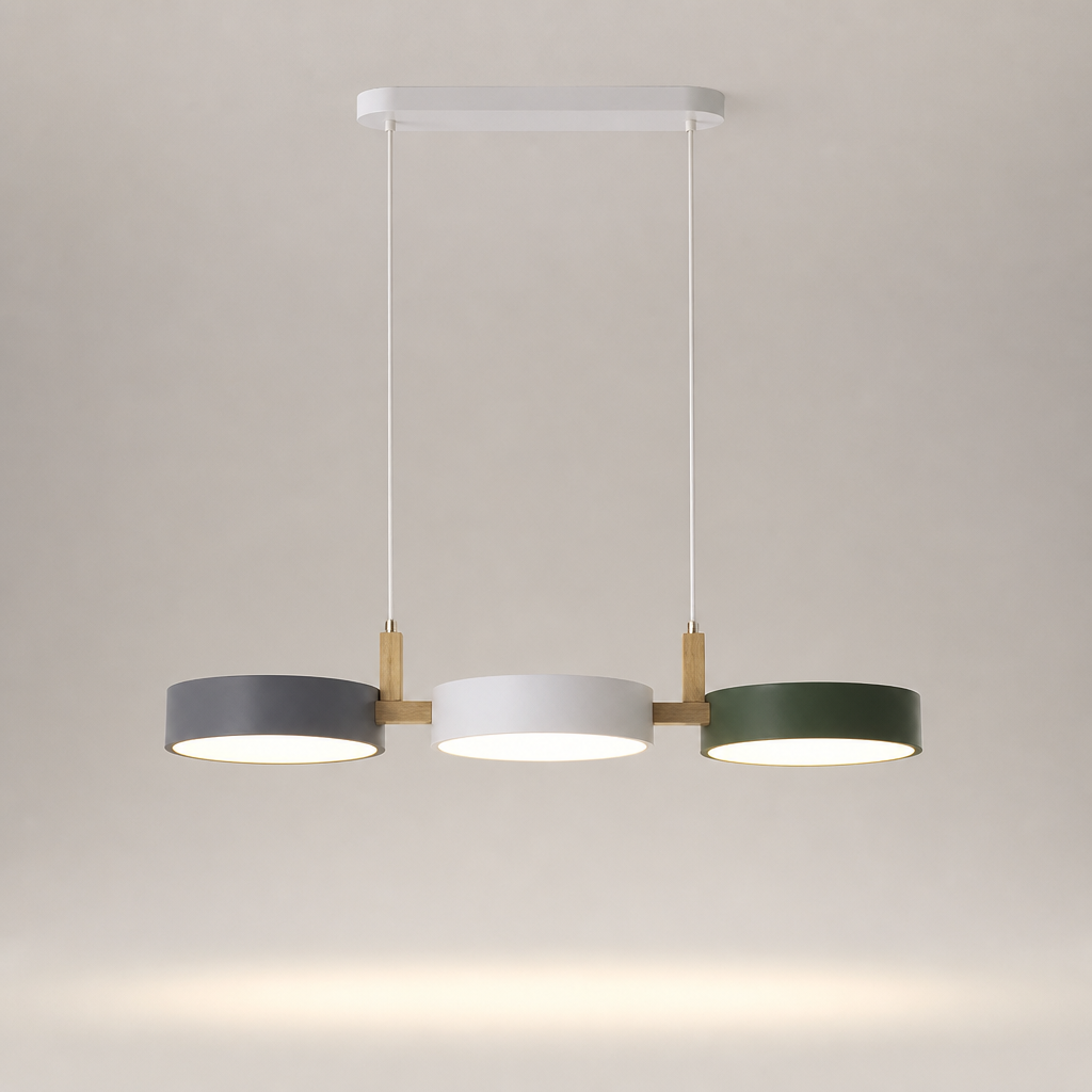 Suspension Macaron Métal Bois LED Tricolore — photo produit fond gris