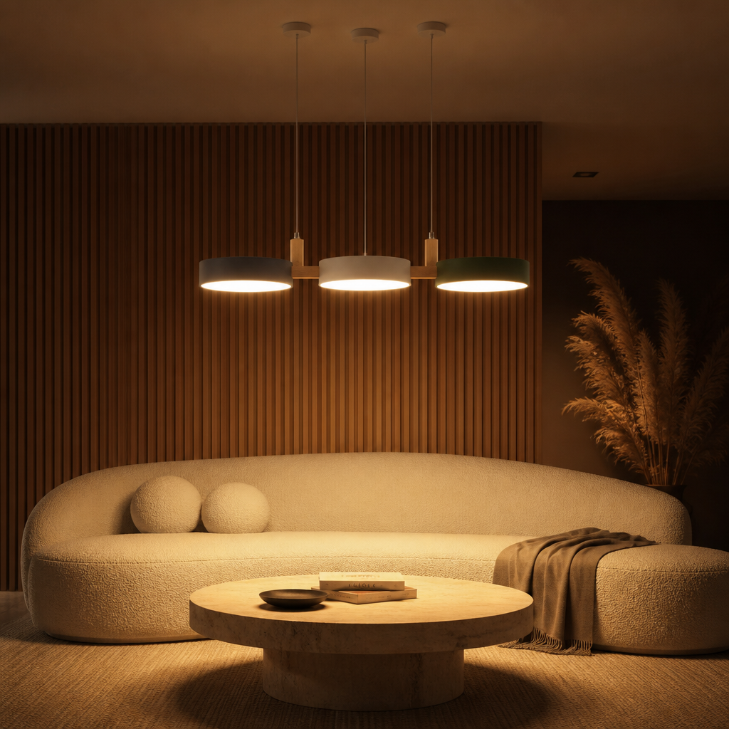 Suspension Macaron Métal Bois LED Tricolore — ambiance soir salon contemporain
