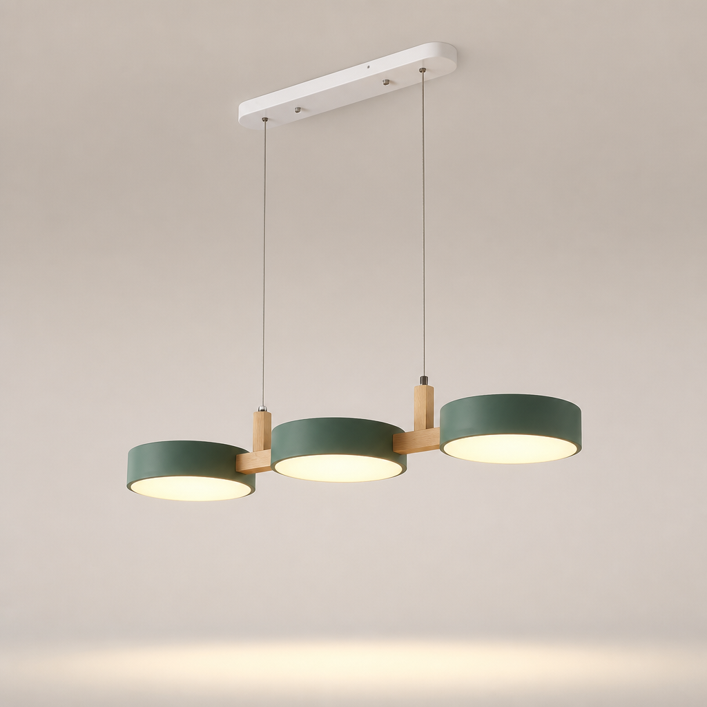 Suspension Macaron Métal Bois LED Vert — photo produit fond gris