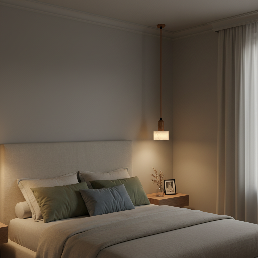 Suspension Marbre et Bois Wabi-Sabi Bois — mise en situation chambre