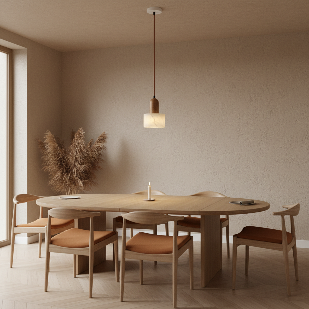 Suspension Marbre et Bois Wabi-Sabi Bois — mise en situation salle à manger