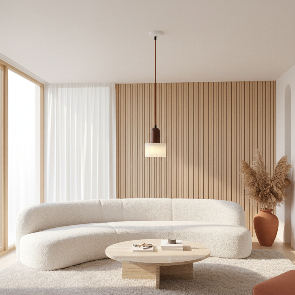 Suspension Marbre et Bois Wabi-Sabi Bois Foncé — mise en situation salon lumière du jour