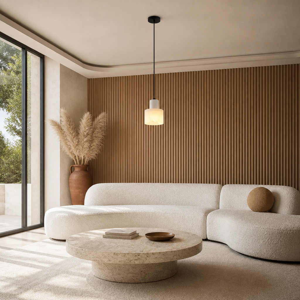 Suspension Marbre Naturel Cylindre — mise en situation salon lumière du jour