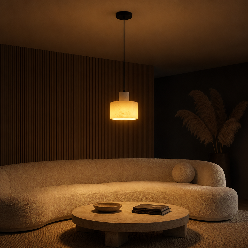 Suspension Marbre Naturel Cylindre — ambiance soir salon contemporain
