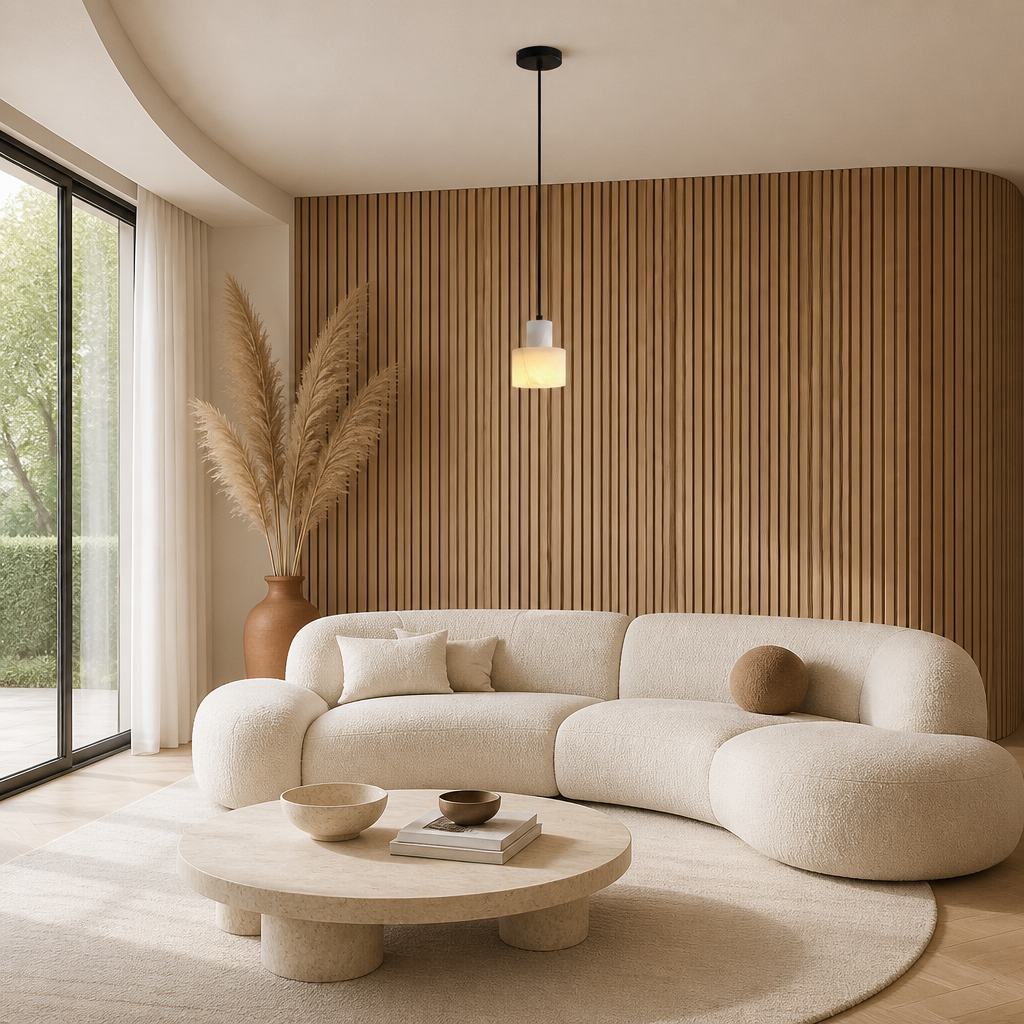 Suspension Marbre Naturel Cylindre x — mise en situation salon lumière du jour