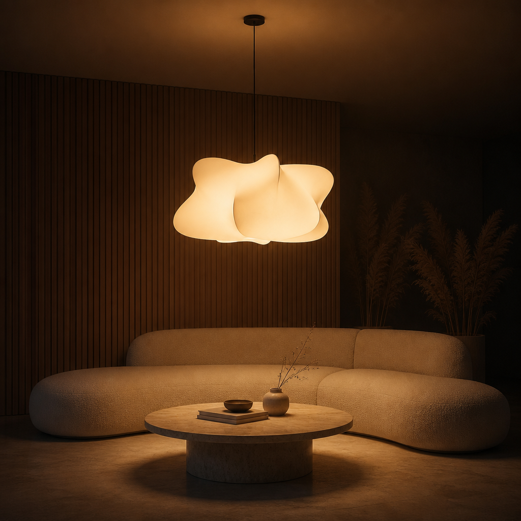 Suspension Nuage Soie Artisanale — ambiance soir salon contemporain