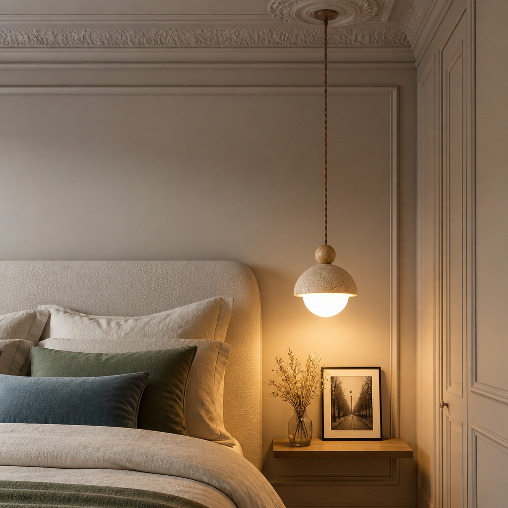 Suspension Pierre Travertin Design A — mise en situation chambre