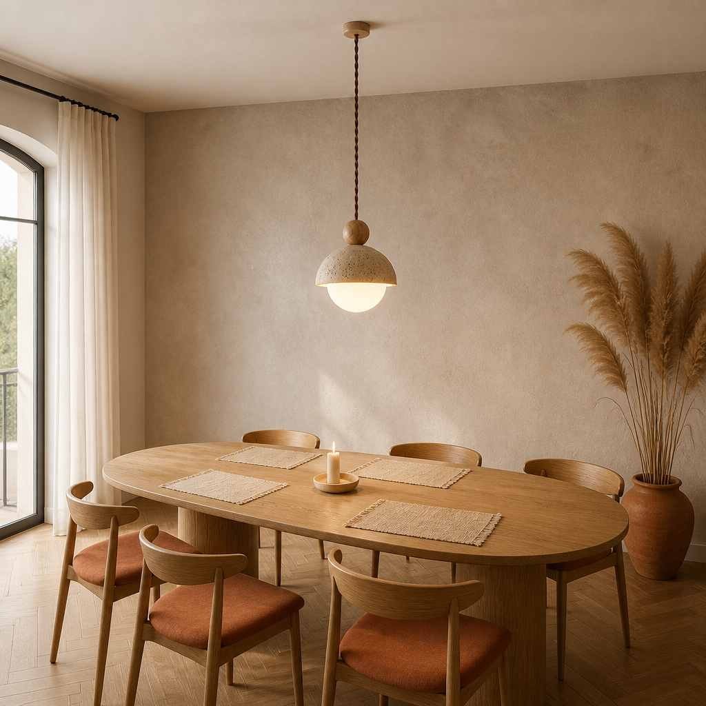 Suspension Pierre Travertin Design A — mise en situation salle à manger