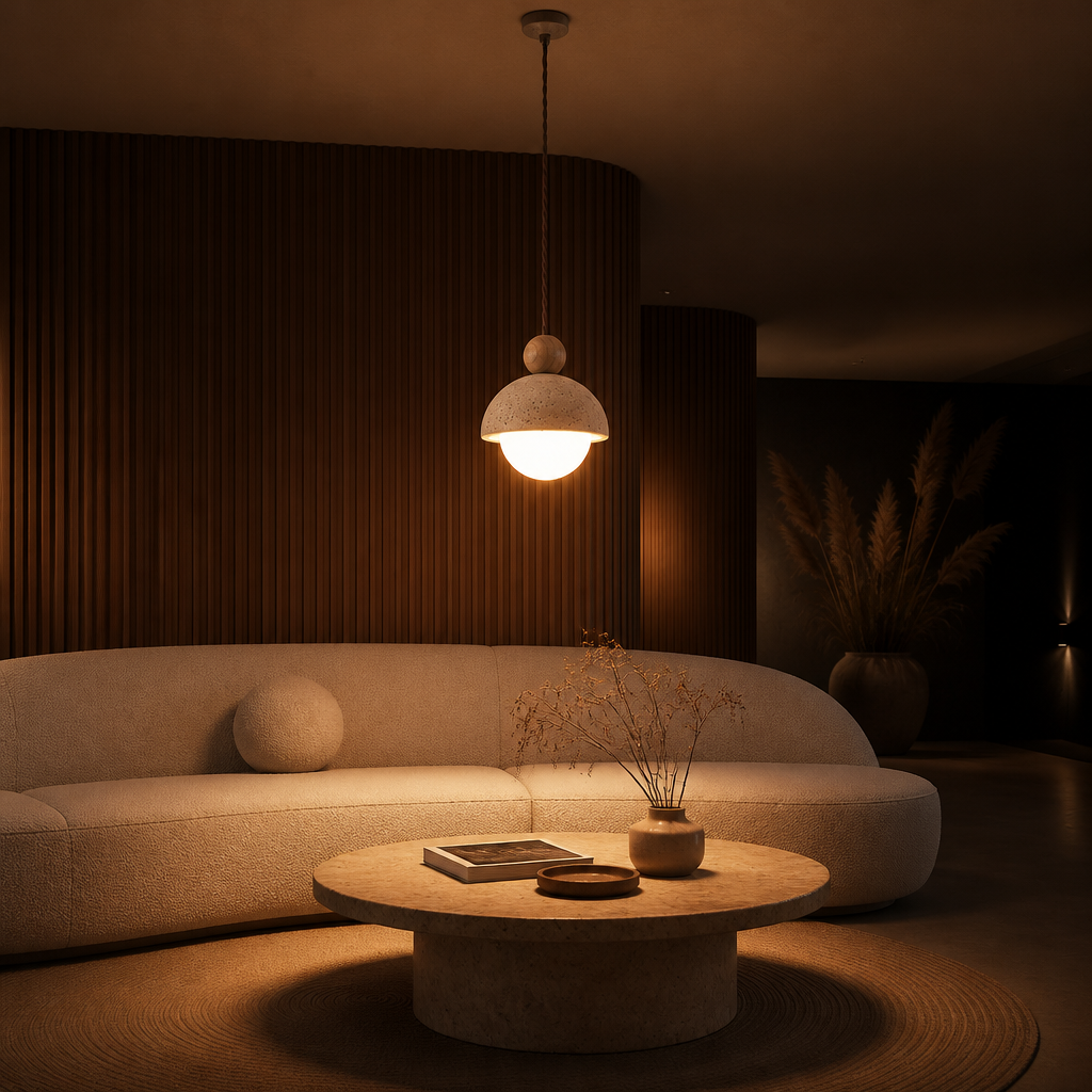 Suspension Pierre Travertin Design A — ambiance soir salon contemporain