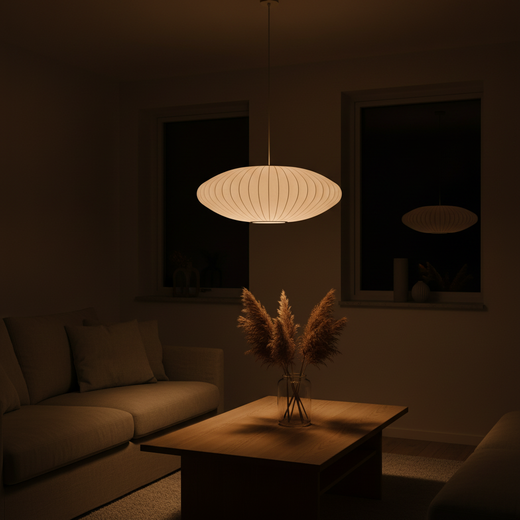 Suspension Tissu Soie — ambiance soir salon scandinave