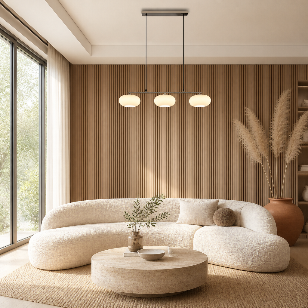 Suspension Triple Verre Persimmon Chrome — mise en situation salon lumière du jour