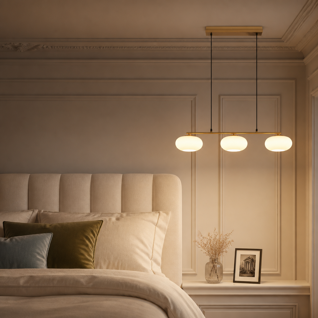 Suspension Triple Verre Persimmon Or — mise en situation chambre