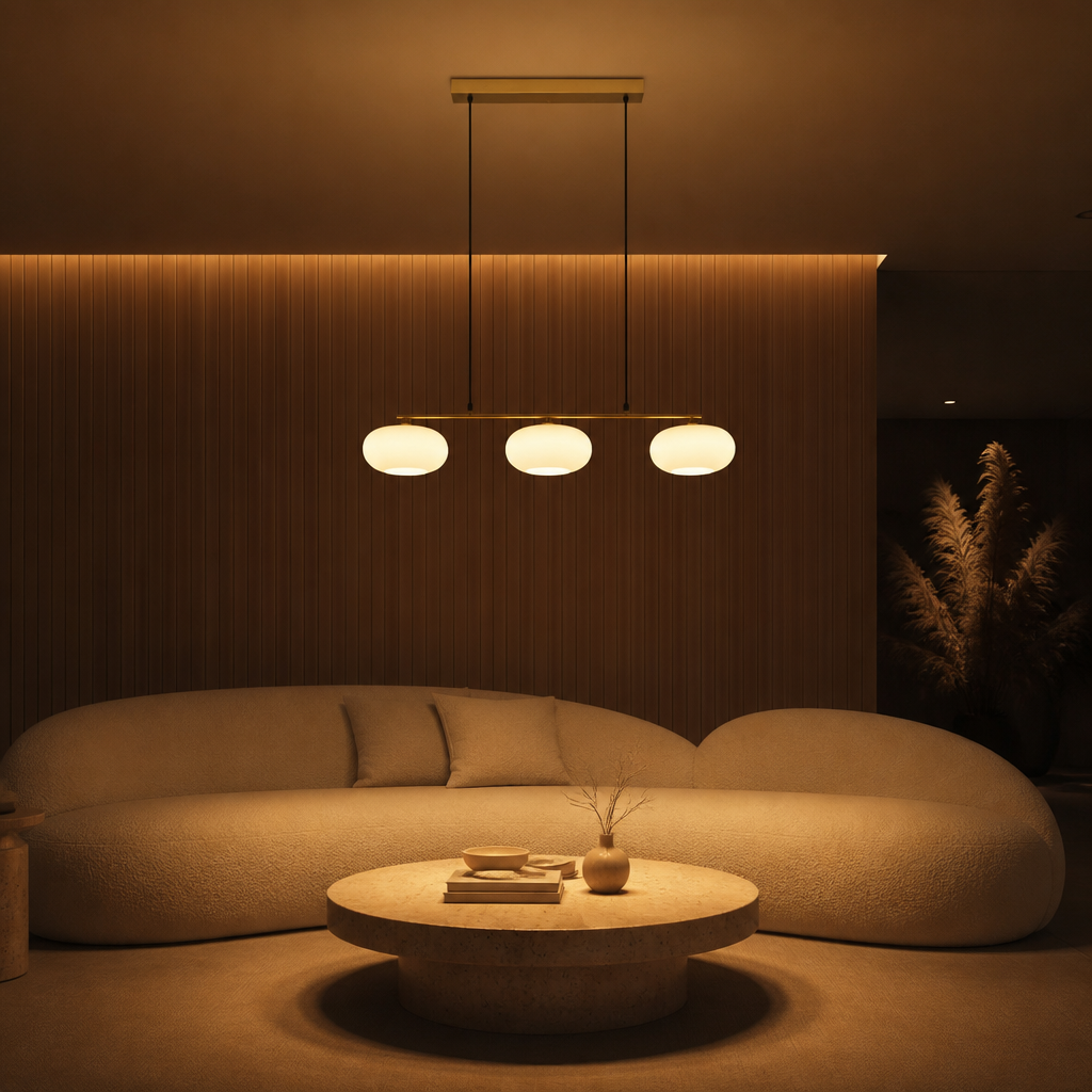 Suspension Triple Verre Persimmon Or — ambiance soir salon contemporain