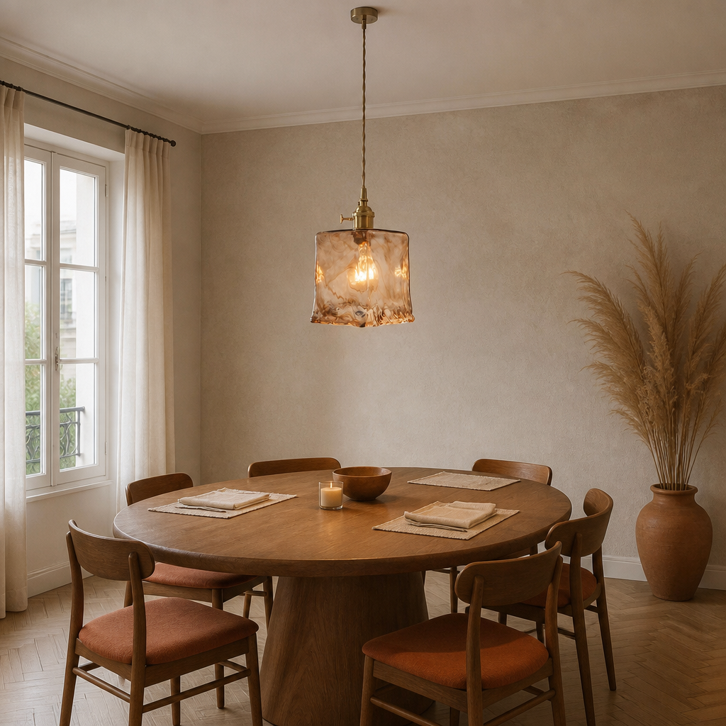 Suspension Verre Ambré Design Rétro D — mise en situation salle à manger