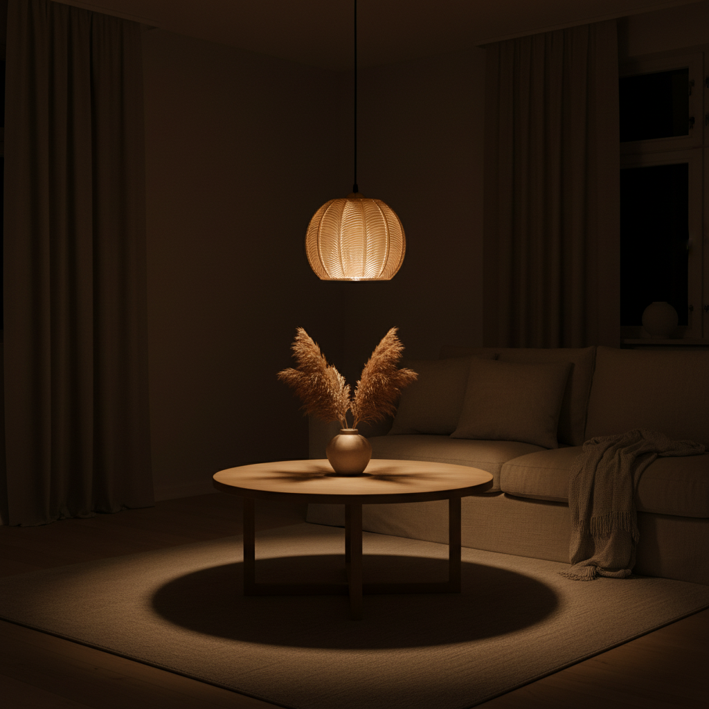 Suspension Verre Art Déco Ambre — ambiance soir salon scandinave