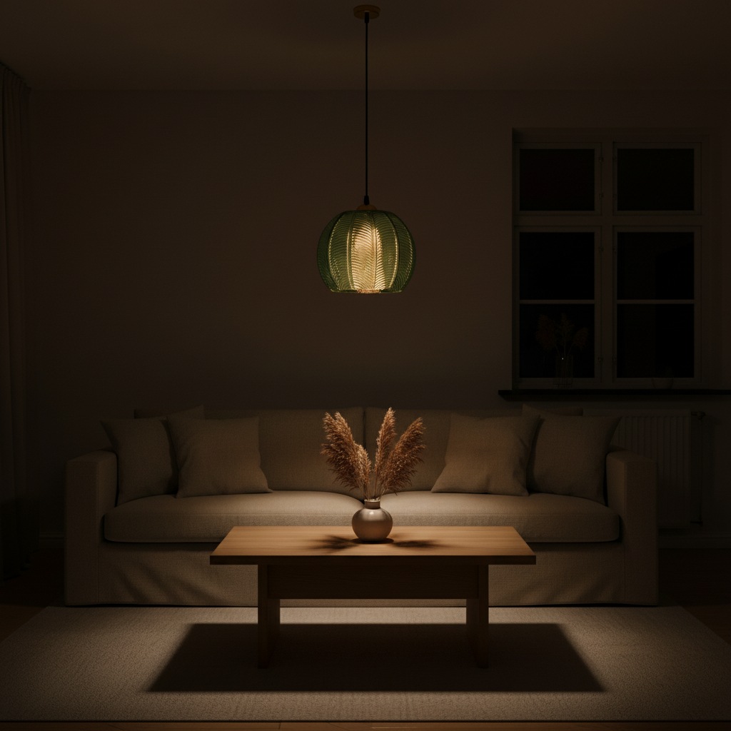 Suspension Verre Art Déco Vert — ambiance soir salon scandinave