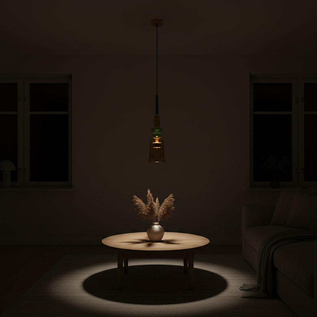 Suspension Verre Candy Ambre — ambiance soir salon scandinave