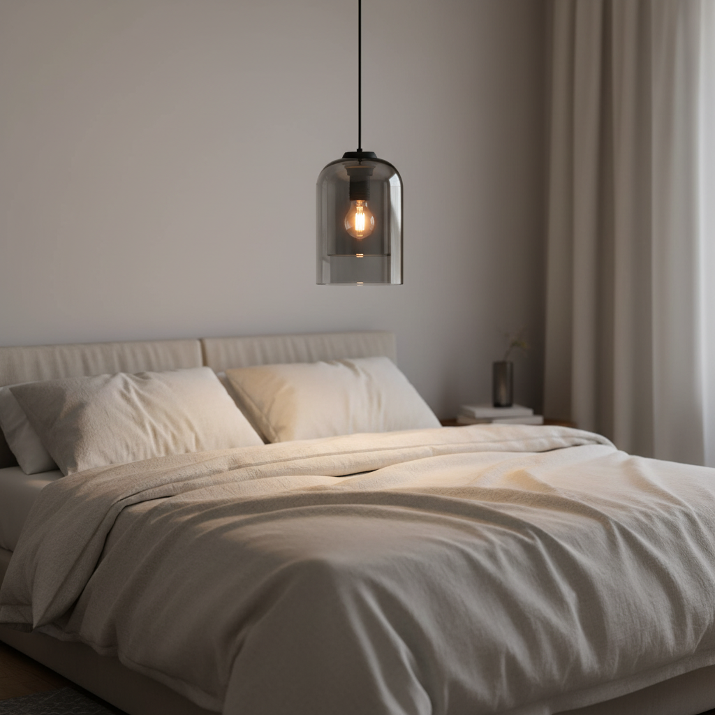 Suspension Verre Cloche – Gris Fumé ou Ambre Gris — mise en situation chambre