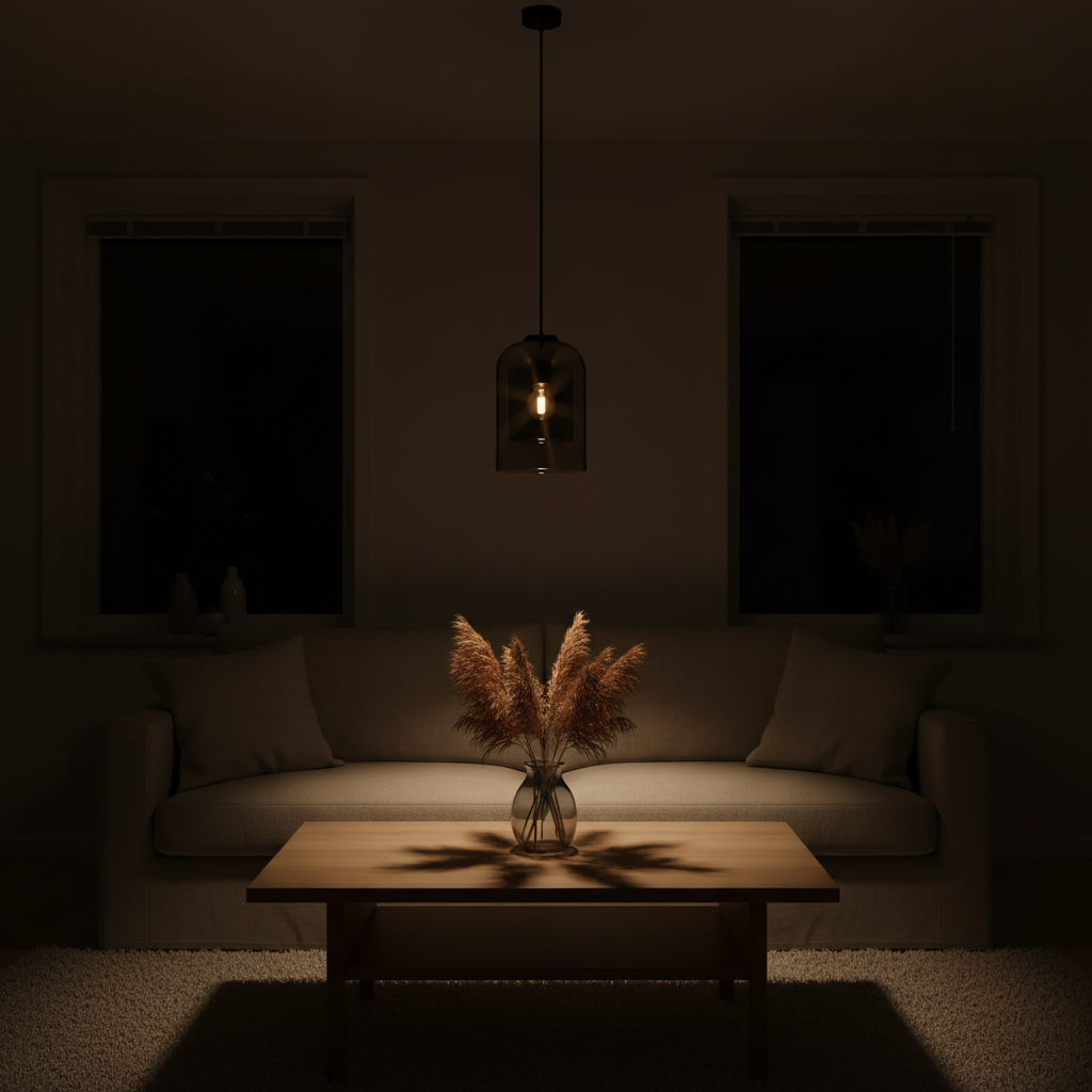 Suspension Verre Cloche – Gris Fumé ou Ambre Gris — ambiance soir salon scandinave