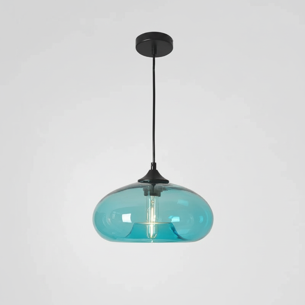 Suspension Verre Coloré – Globe Ovale Bleu Ciel — photo produit fond gris